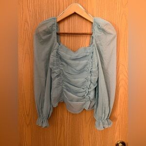 ASTR THE LABEL Dusty Blue Long Sleeve Ruched Lightweight Summer Top Women's S